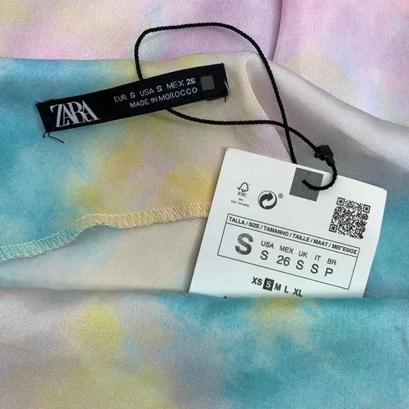 ZARA Satin Tie Dye Camisole Rainbow Side Cinch Strappy Midi Halter Cami Dress - Picture 13 of 15